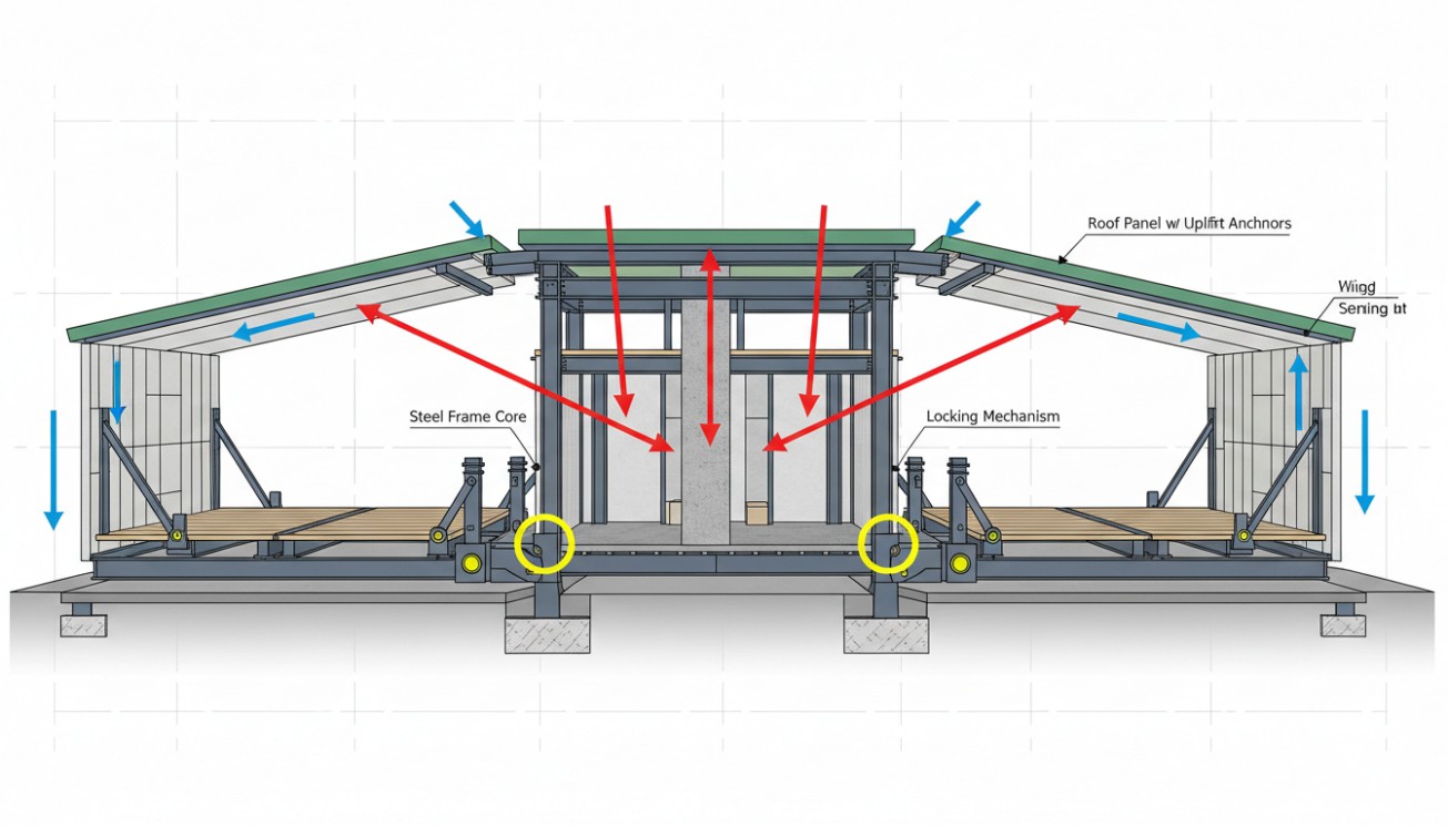 Structural load-path diagram of a double-wing expandable house with central frame, roof locks and outer supports